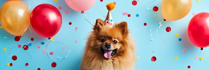 funny dog spitz with a birthday cap on the background of confetti and balloons isolated on color...
