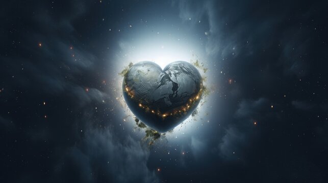 a heart shaped object in the middle of a space filled with stars and a planet in the middle of the image.