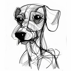 Cute Puppy Sketch, Organic flowing lines, artistic dog illustration, with black line drawn dog, close up portrait of puppy face, shiny nose, adorable eyes, floppy ears, abstract modern style sketch