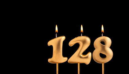 Golden candle 128 with flame - Birthday card on dark luxury background