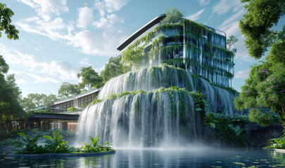 Multi-level office building with a cascading waterfall in the park