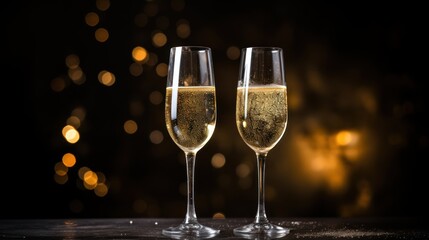  two glasses of champagne on a table with boke of lights in the backgroung of the room.