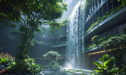 Multi-level office building with a cascading waterfall in the park