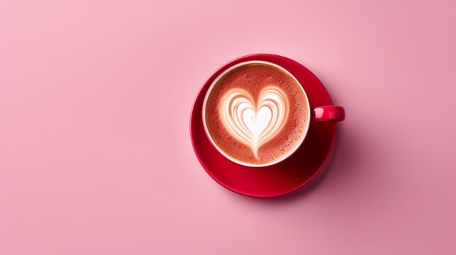 Valentines Day Love Concept Photograph with Cappuccino Latte Coffee Cup, Love Heart Foam, Sweet Dessert Cocoa, Fun Conceptual Wallpaper, Background Art, Backdrop, Pink, Red and White, BIrds eye view