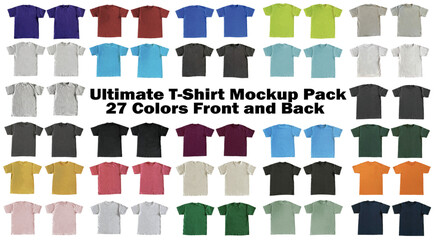 Ultimate T-Shirt Mockup Pack 27 Colors Front and Back Transparent Background  - obrazy, fototapety, plakaty