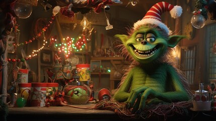 Fototapeta premium a green troll sitting on top of a table in a room filled with christmas lights and other holiday themed items.
