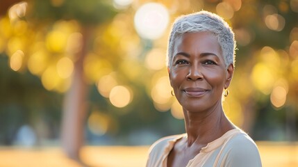 a beautiful older black woman with short stylish hair, dress in nice simple clothes, walking in a park, copy space  