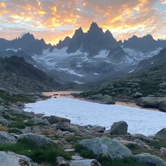 Majestic Sunset over Alpine Landscape with Snow and Water