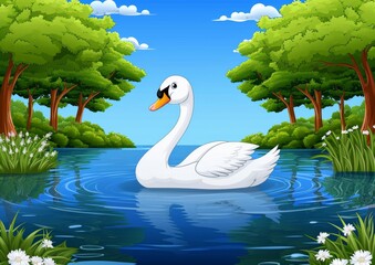 Obraz premium Graceful White Swan on Blue Lake with Green Trees Illustration