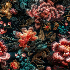 Seamless embroidery floral fantasy luxury pattern, fabric design. Generative ai
