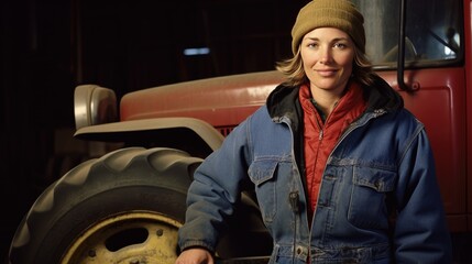 Obraz premium American middle age female farmer standing next to the tractor