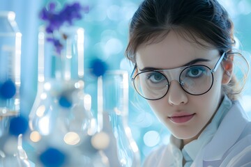 A female scientist in a lab coat conducting scientific research