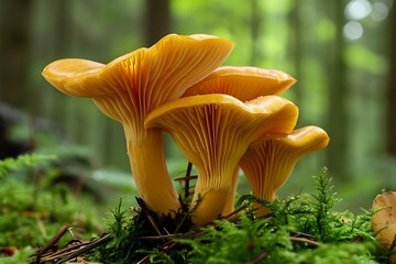 chanterelle mushrooms grow in the forest - obrazy, fototapety, plakaty
