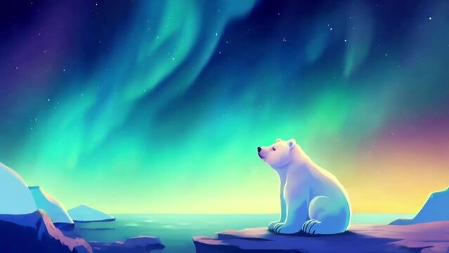 Polar bear on ice looking at the northern lights 