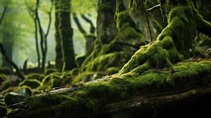  a moss covered log in the middle of a forest filled with lots of green plants and trees in the background.
