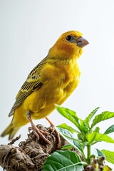 Obraz premium Beautiful of Canary standing on small root with green leave on white background