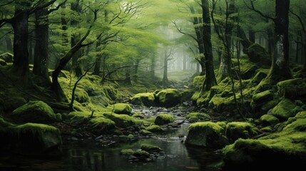  a painting of a stream running through a forest filled with lush green trees and mossy rocks, with a stream running through the middle of the forest.
