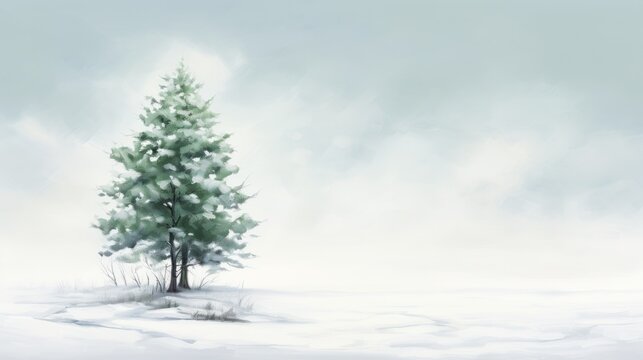  a painting of a lone pine tree in the middle of a snow covered field with a gray sky in the background.