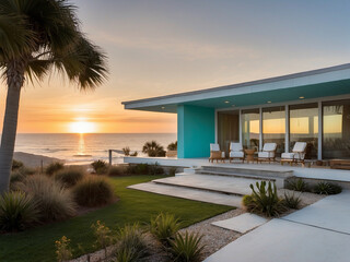 White and turquoise Mid Century Modern Style Beach Home, Interior, sunset