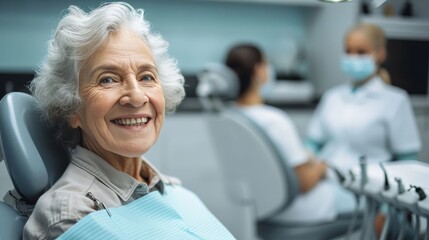 happy senior woman at dentist's office looking at camera, dentist in background 