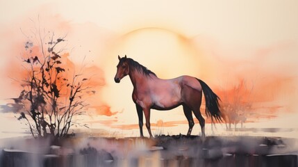 Obraz na płótnie Canvas a painting of a horse standing in front of a sunset with a tree in the foreground and a body of water in the foreground.
