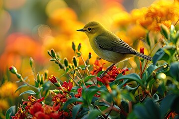 Obraz premium Green Warbler are perched among brightly colored flowers with light exposure AI Generative