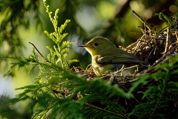 Obraz premium Green Warbler guarding the nest on the tree branch AI Generative
