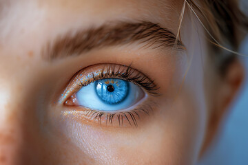 the macro blue eyes of a young woman with beautiful lashes