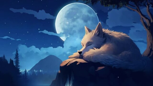 Wolf Sleeping and Dreaming Under the Night Sky