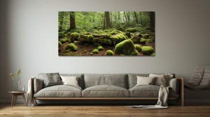  a living room with a couch and a painting on the wall of a forest with moss growing on the ground.
