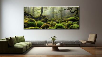 a living room with a couch and a painting on the wall above the couch is a green mossy forest.