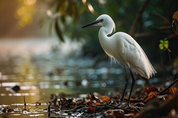 Right side view Egret bird standing on the river finding fish AI Generative