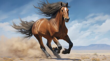 Obraz na płótnie Canvas a painting of a brown horse running in the desert with a blue sky in the back ground and clouds in the background.
