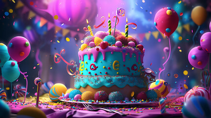 A whimsical and playful birthday cake, covered in colorful fondant, adorned with edible glitter, and featuring fun