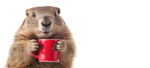 Cute Marmot Critter,  Groundhog Day Love with Red Coffee Delight For Valentines Day.  White...