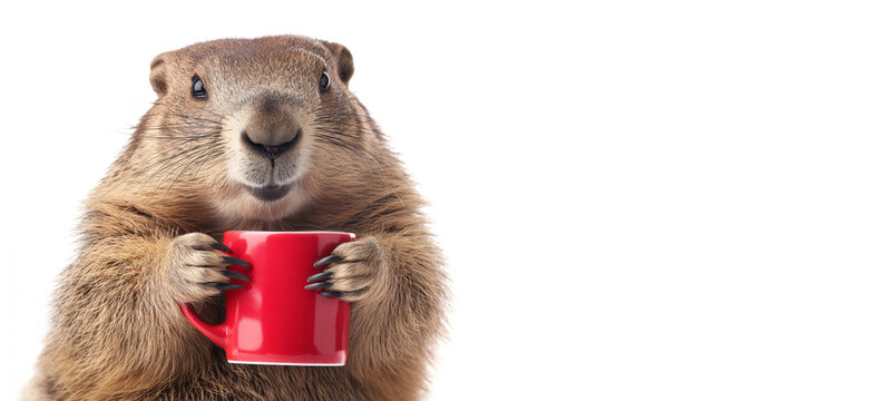 Cute Marmot Critter,  Groundhog Day Love with Red Coffee Delight For Valentines Day.  White Background.