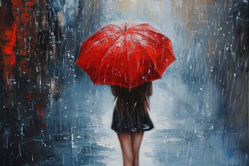 An oil painting umbrella red girl on canvas generative ai