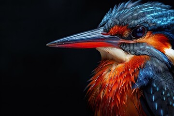 Right side view of Azure Kingfisher on black background AI Generative