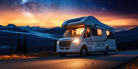 Breathtaking night. Modern motorhome driving on road