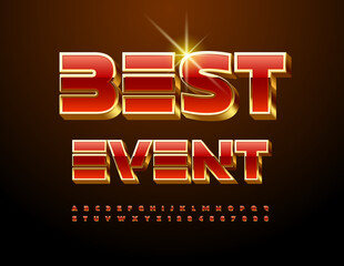 Vector premium poster Best Event. Red and Gold unique Font. Chic Alphabet Letters and Numbers set