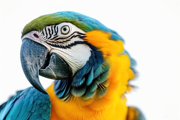 Fototapeta premium Graceful pose of Blue and Gold Macaw on white background AI Generative