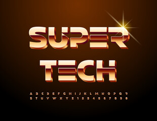 Vector Super Tech style Alphabet. Gold unique Font. 3D premium Letters and Numbers set.