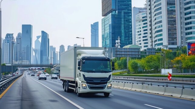 photo of a fast delivery truck on the highway in big, modern city. 