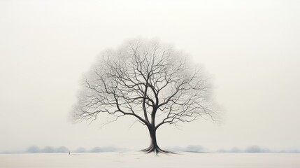 a black and white photo of a lone tree in a snowy field with a foggy sky in the background.