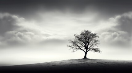  a black and white photo of a lone tree in the middle of a field with a cloudy sky in the background.