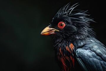 Mystic portrait of Crested Myna wut red eyes on the black background AI Generative