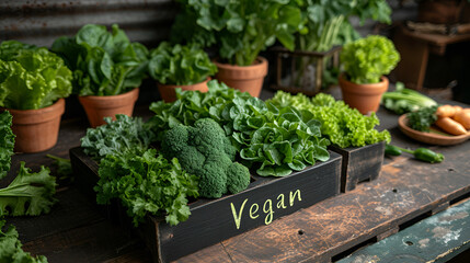 Fresh produce display in wooden crate, proudly labeled for a vegan diet.