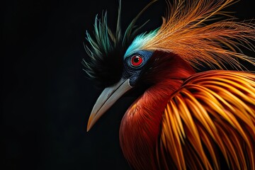Naklejka premium Portrait right side view of Greater Bird-of-Paradise on black background AI Generative