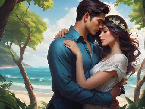 Wallpaper depicting a couple embracing amidst nature, such as by the beach or among trees.. concept of love, valentine