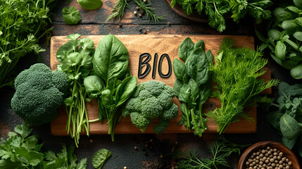 Assortment of bio greens on wood, highlighting organic quality
